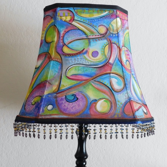 Large Hand Painted 360 Degrees Abstract Beaded Lg Square Lampshade - Picture 1 of 10